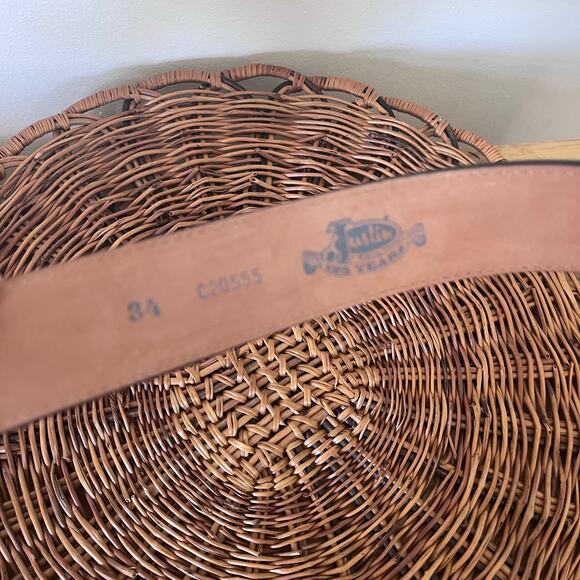 Justin Boots Belt Women 34 Tooled Leather Rhinestone Cross Buckle Western Bling - Picture 3 of 5